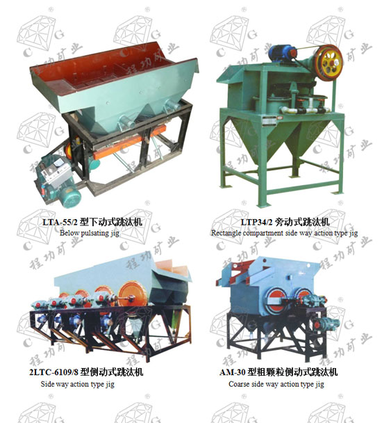 LTA-55/2型下動式跳汰機 Below pulsating jig LTP34/2旁動式跳汰機  Rectangle compartment side way action type jig 2LTC-6109/8型側(cè)動式跳汰機 Side way action type jig AM-30型粗顆粒側(cè)動式跳汰機 Coarse side way action type jig